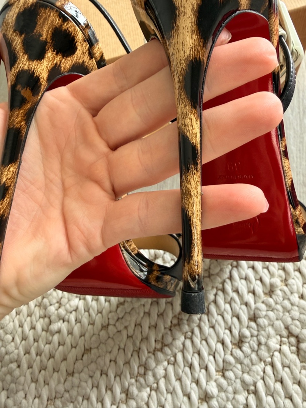 Christian Louboutin Leopard Print Stiletto Sandals with Black and Cream Straps - Picture 13 of 13
